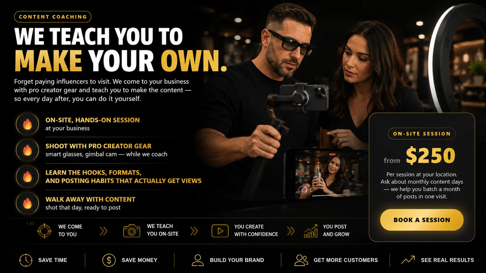 We teach you to make your own — on-site content coaching, from $250 per session